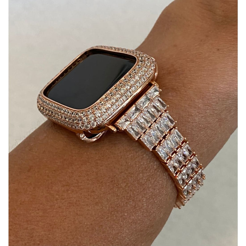 Rose Gold Apple Watch Band Swarovski Crystal Baguettes & or Apple Watch Cover Lab Diamond Bezel Case Smartwatch Bumper Bling 38mm-49mm Ultra