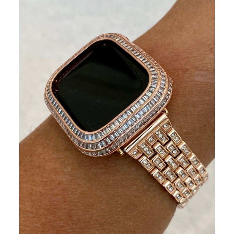 Rose Gold Apple Watch Band with Swarovski Crystals & or Lab Diamond Baguette Bezel Cover 40mm 41mm 44mm 45mm Custom Handmade - 40mm apple