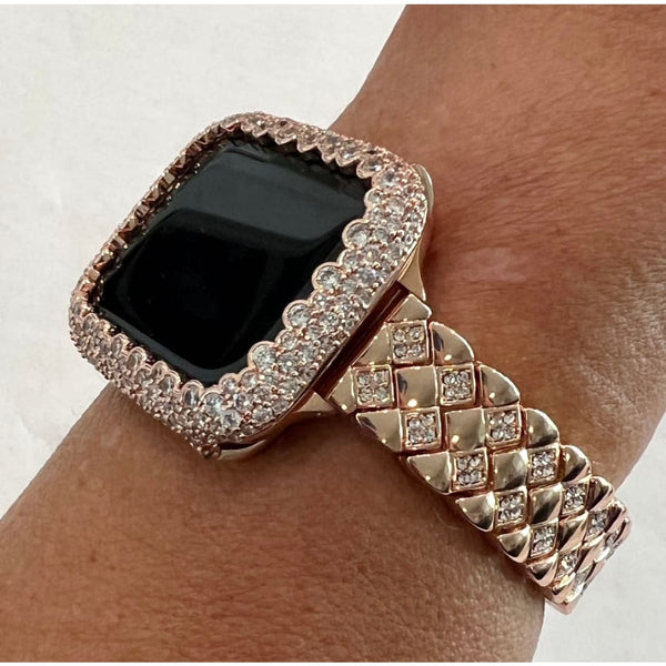 Rose Gold Apple Watch Band Women 41mm 45mm 49mm Ultra Swarovski Crystals & or Lab Diamond Bezel Cover Case for Smartwatch Bling Series 1-8 -