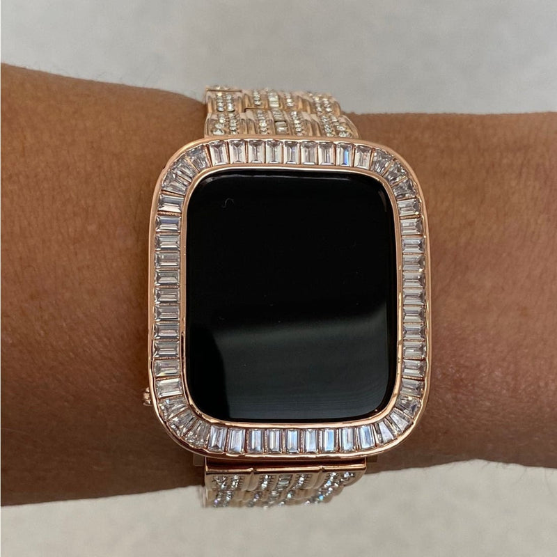 Rose Gold Apple Watch Lab Diamond Bezel Cover Baguette Smartwatch Bumper Bling Series 1-8 SE 38mm 40mm 41mm 42mm 44mm 45mm - apple watch,
