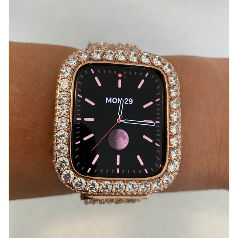Series 1-8 Rose Gold Apple Watch Series 8 Case Cover 3.5mm Lab Diamond Bezel Bling 38mm to 45mm - 41mm apple watch, 45mm apple watch, apple