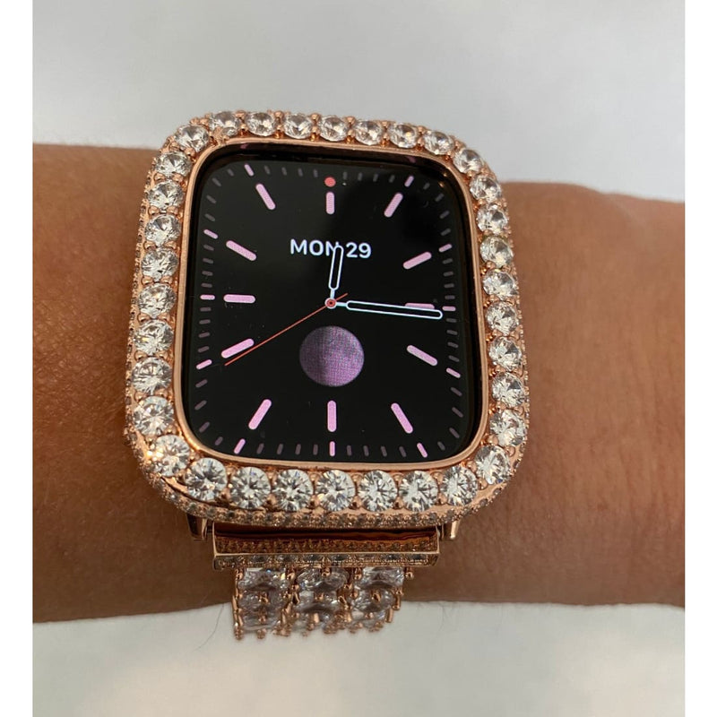 Series 1-8 Rose Gold Apple Watch Series 8 Case Cover 3.5mm Lab Diamond Bezel Bling 38mm to 45mm - 41mm apple watch, 45mm apple watch, apple