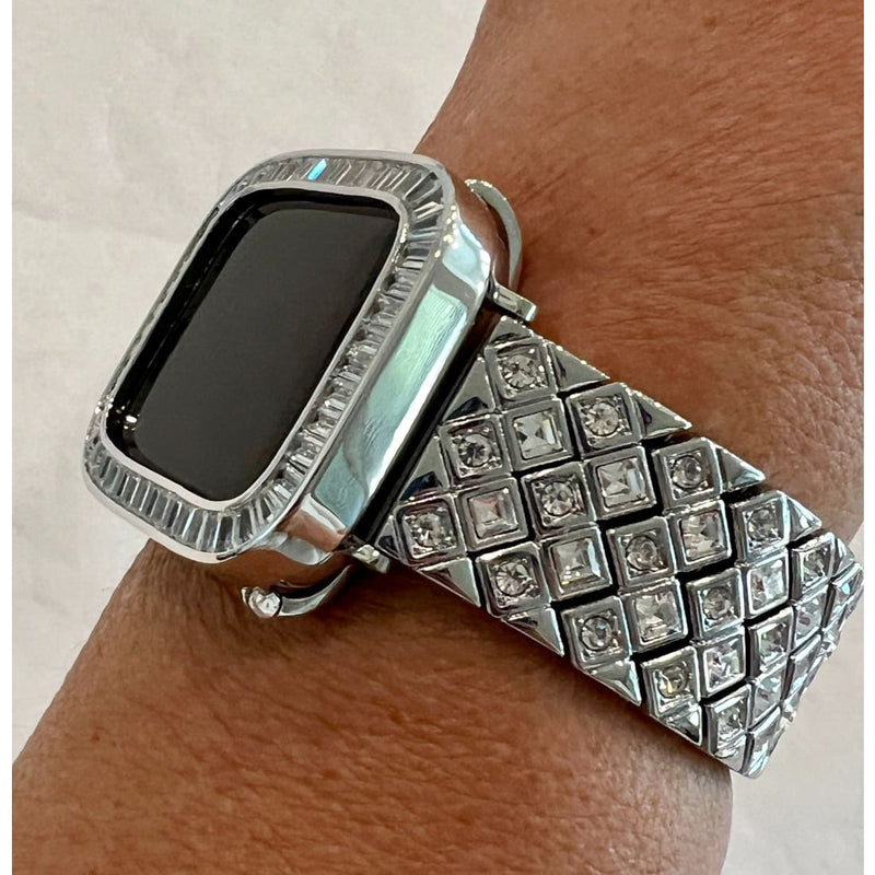 Series 1-8 Silver Apple Watch Band Swarovski Crystals 38 40 41 42 44 45mm & or Baguette Lab Diamond Bezel Cover Smartwatch Bumper - 40mm