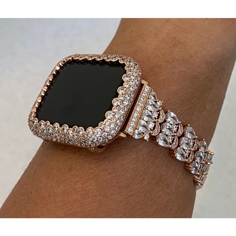 Series 1-8 Swarovski Crystal Apple Watch Band Rose Gold & or Lab Diamond Bezel Cover 41mm 45mm 49mm Ultra Smartwatch Bumper Bling Series 8 -