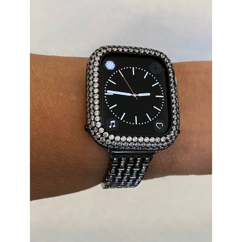 Series 2-8 Black Apple Watch Band Swarovski Crystals & or Lab Diamond Bezel Case Cover 38 40 41 42 44 45 49mm Ultra Smartwatch Bumper Bling