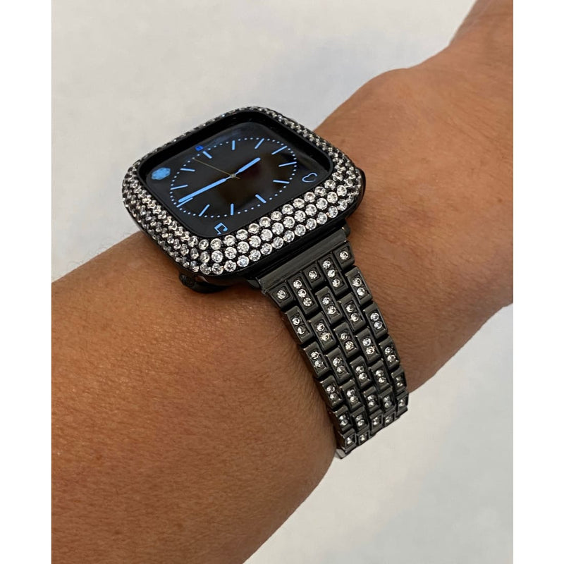 Series 2-8 Black Apple Watch Band Swarovski Crystals & or Lab Diamond Bezel Case Cover 38 40 41 42 44 45 49mm Ultra Smartwatch Bumper Bling