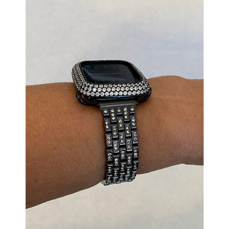 Series 2-8 Black Apple Watch Band Swarovski Crystals & or Lab Diamond Bezel Case Cover 38 40 41 42 44 45 49mm Ultra Smartwatch Bumper Bling