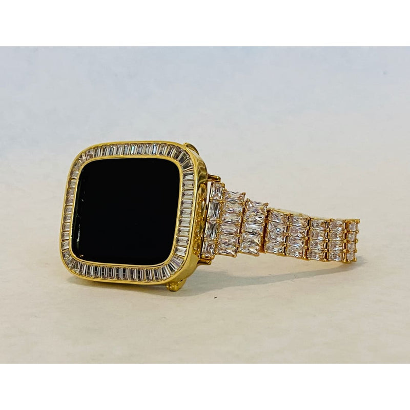 Series 7,8 Gold Apple Watch Band 41mm 45mm Swarovski Crystals & or Lab Diamond Baguette Bezel Cover Smartwatch Case Bling 38mm-45mm - apple