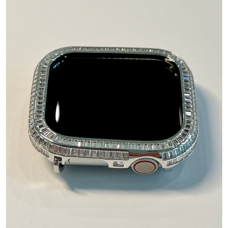 Series 7-8 Silver Apple Watch Bezel Cover 40mm 41mm 44mm 45mm with 3 Rows of Lab Diamond Baguettes Smartwatch Case Bumper Bling - 40mm apple