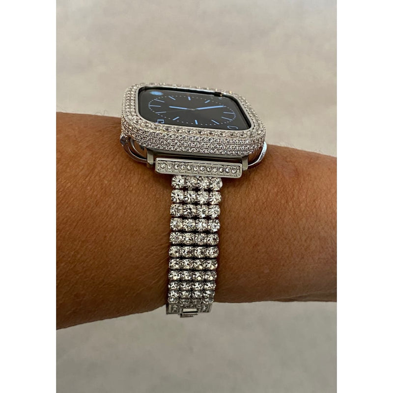 Silver Apple Watch Band and or Custom White Gold Apple Watch Cover Bezel Lab Diamonds 38 40 41 42 44 45mm Smartwatch Bumper - apple watch,