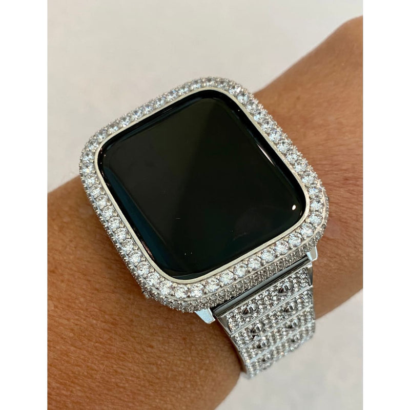 Silver Apple Watch Band Pave Swarovski Crystal 38 40 41 42 44 45 49mm Ultra & orApple Watch Cover Lab Diamond Bezel Bling Series 2-8 - 49mm