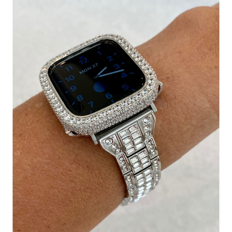 Silver Apple Watch Band Swarovski Crystal Baguettes & or Apple Watch Cover Lab Diamond Bezel Case Bling 38 40 41 42 44 45 49mm Ultra - Apple