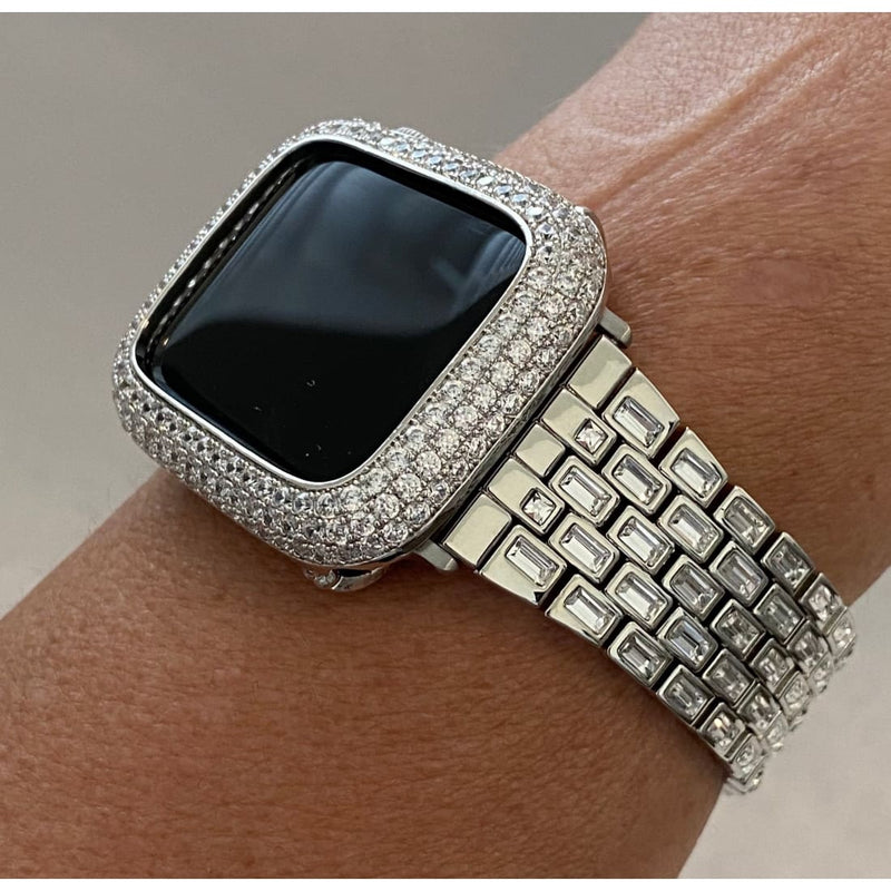 Silver Apple Watch Band Swarovski Crystal Baguettes & or Apple Watch Cover Lab Diamond Bezel Case Bling 38mm-49mm Ultra S1-8 - 40mm apple