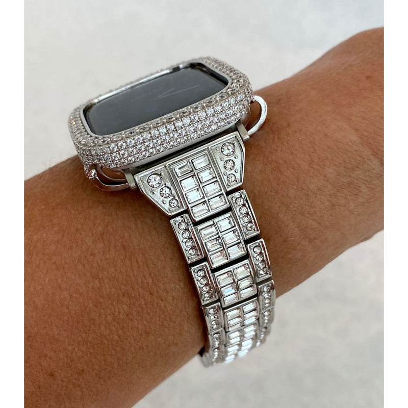Silver Apple Watch Band Womens Swarovski Crystal Baguettes 49mm Ultra 41mm 45mm & or Apple Watch Cover Lab Diamond Smartwatch Bumper 38-45mm