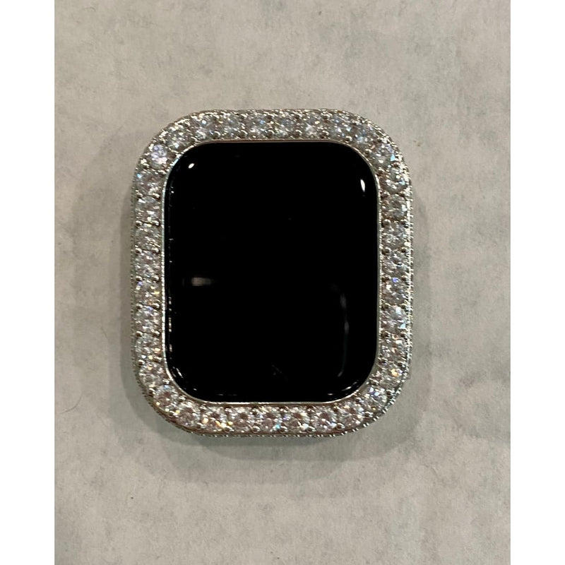 Silver Apple Watch Series 8 Case Cover with Large 3.5mm Lab Diamonds Bezel Smartwatch Bumper Faceplate - 41mm apple watch, 45mm apple watch,