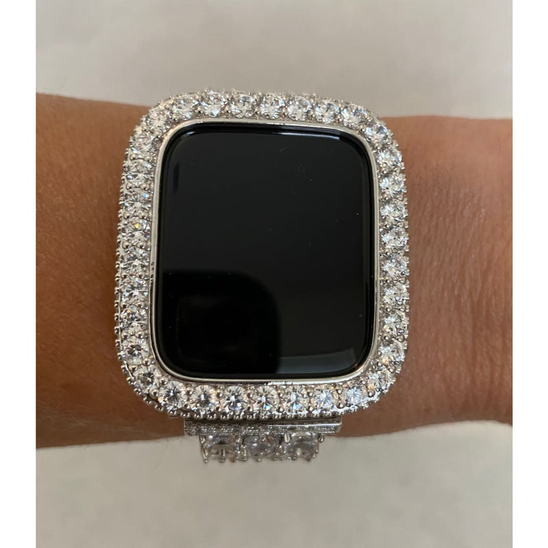 Silver Apple Watch Series 8 Case Cover with Large 3.5mm Lab Diamonds Bezel Smartwatch Bumper Faceplate - 41mm apple watch, 45mm apple watch,