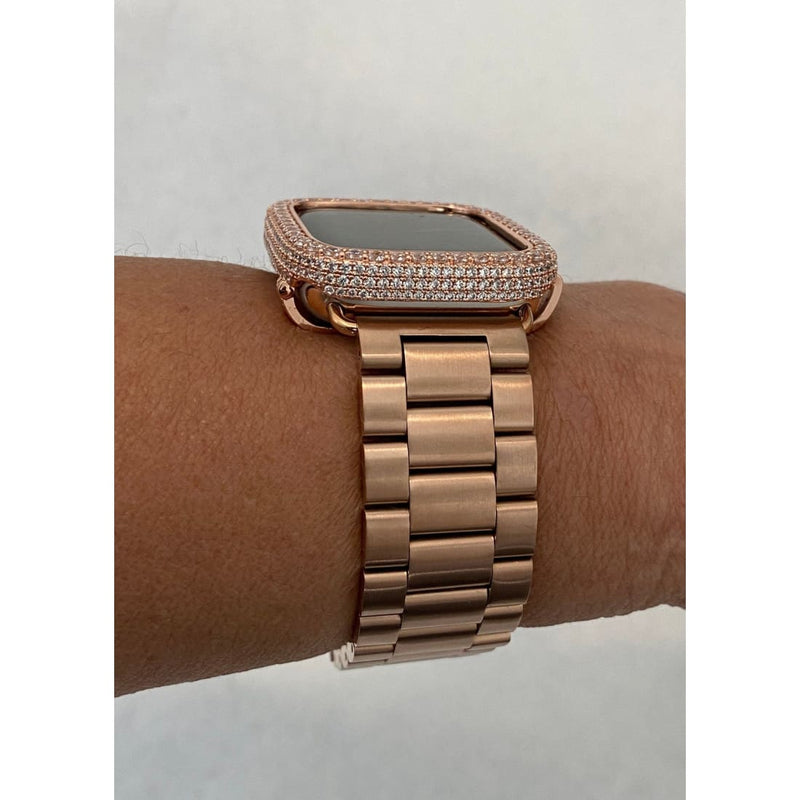 Ultra 49mm Apple Watch Band Rose Gold Stainless Steel & or Apple Watch Cover Lab Diamond Bezel Case Bling 38mm-45mm S1-8 - apple watch,