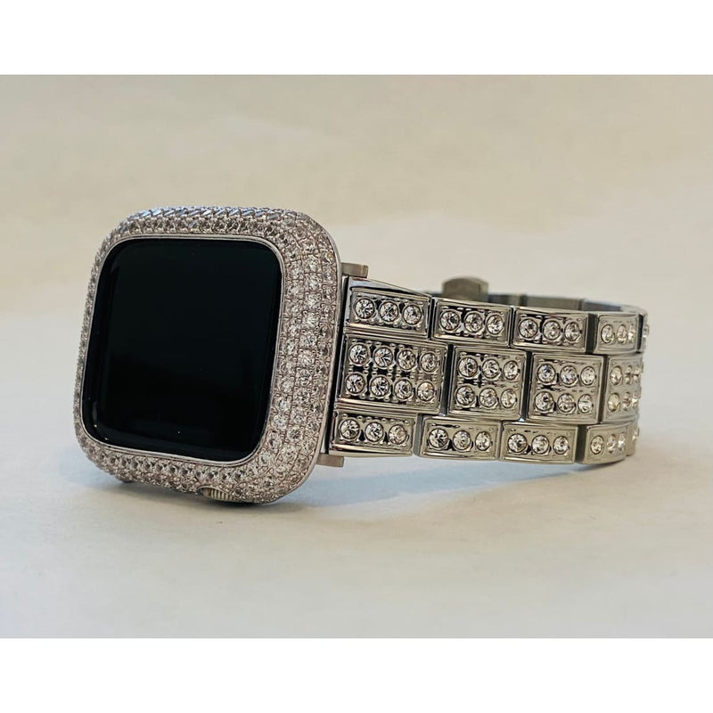 Ultra 49mm Apple Watch Band Silver Swarovski Crystals Stainless Steel & or Apple Watch Cover Lab Diamond Bezel Case 38mm-45mm - 45mm apple