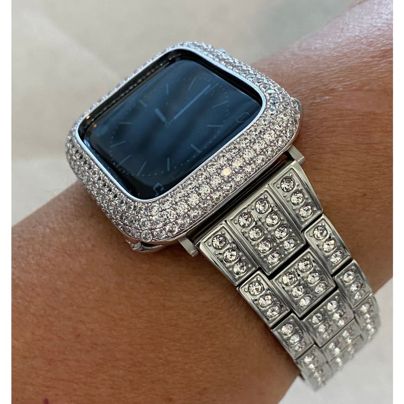 Ultra 49mm Apple Watch Band Silver Swarovski Crystals Stainless Steel & or Apple Watch Cover Lab Diamond Bezel Case 38mm-45mm - 45mm apple