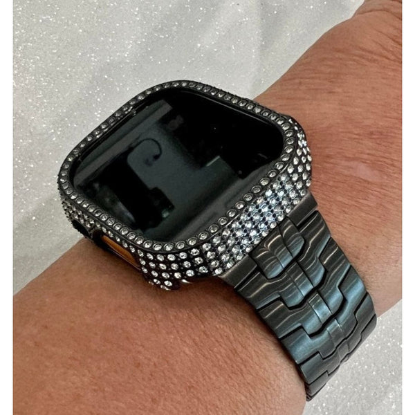 Ultra Apple Watch Band 49mm Black Stainless Steel Band & or Apple Watch Cover Pave Swarovski Crystals Smartwatch Case Bling - 49mm apple