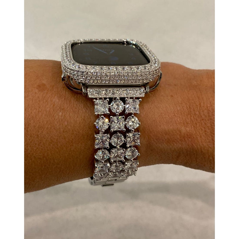 White Gold Apple Watch Band Silver Woman Princess Stones Apple Watch Bezel Cover Lab Diamonds 38mm 40mm 41mm 42mm 44mm 45mm - 40mm apple