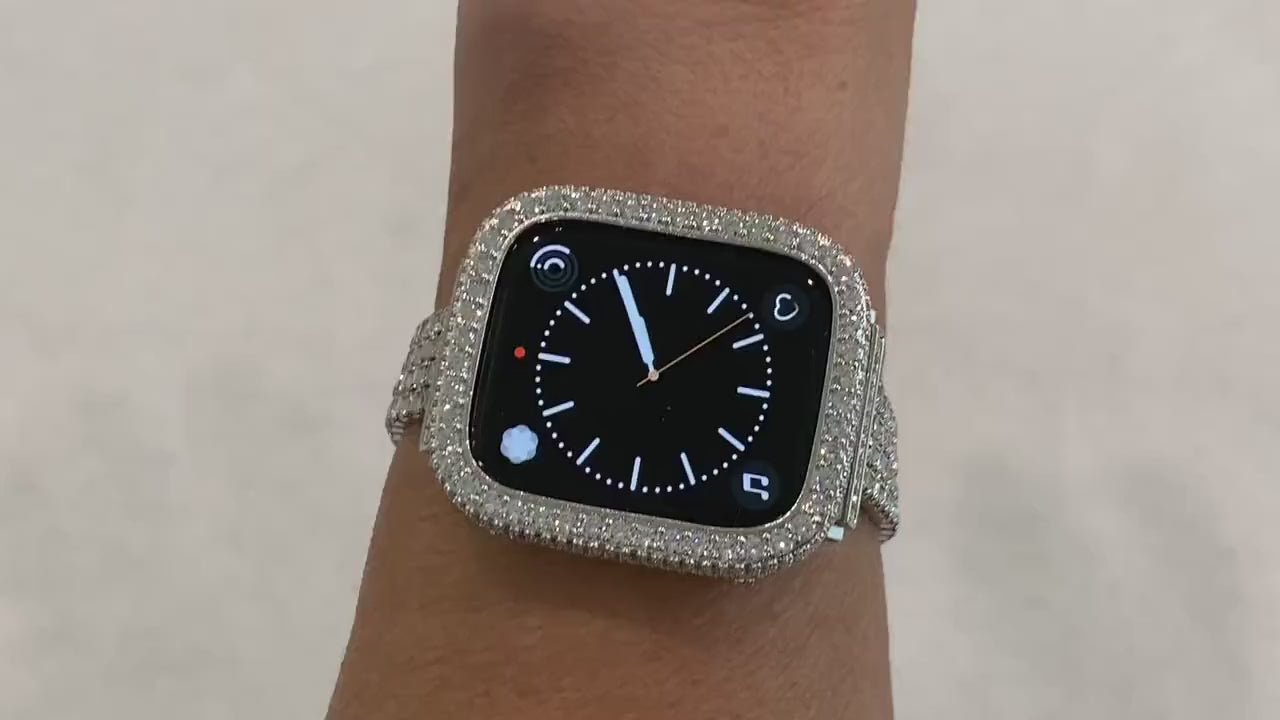 Silver Apple Watch Band and or Custom White Gold Apple Watch Cover Bezel Lab Diamonds 38 40 41 42 44 45mm, Smartwatch Bumper