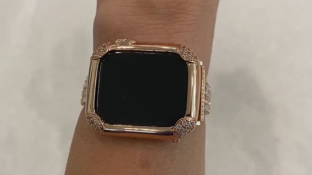 Rose Gold Apple Watch Band Women 38 40 42 44mm & or Pave Lab Diamond Bezel Case for Iwatch