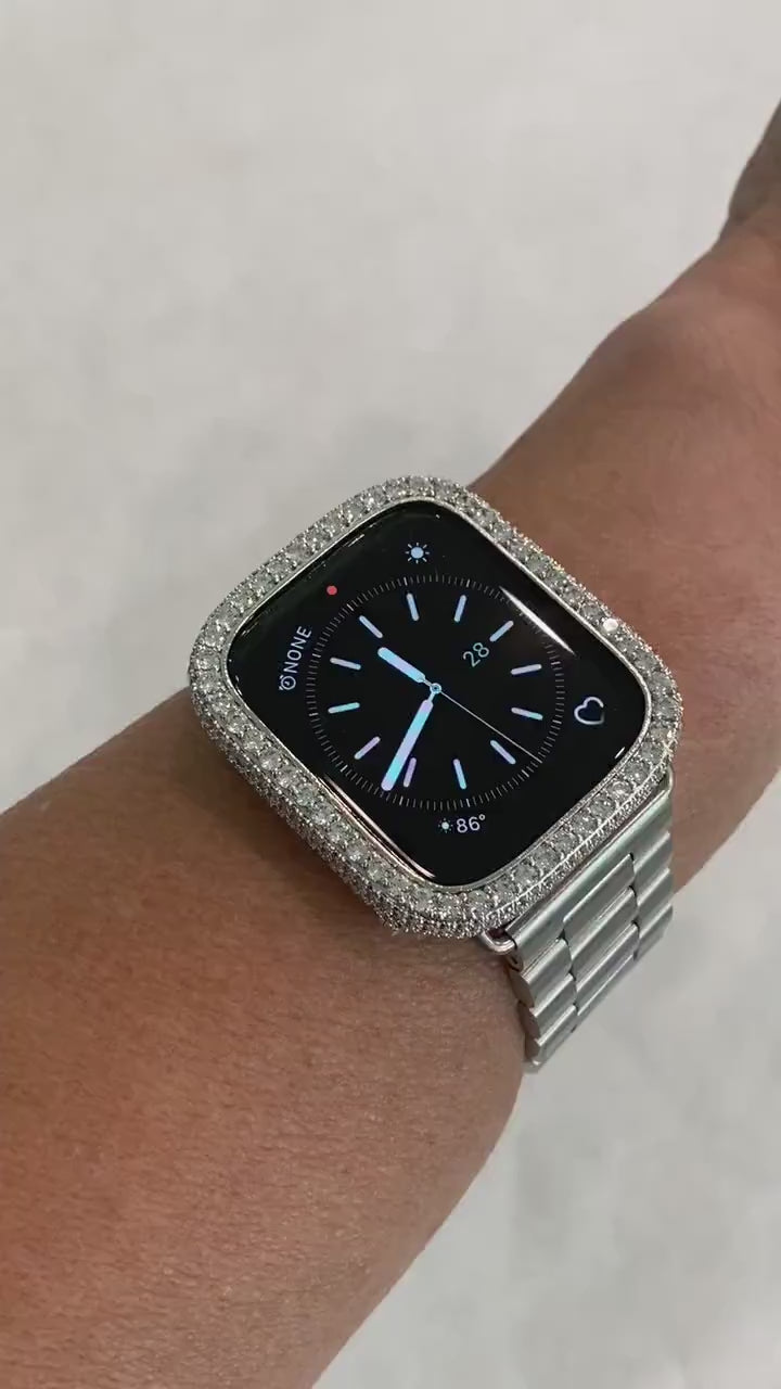 Series 1-8 Apple Watch Band Silver Stainless Steel & or Lab Diamond Bezel Case Smartwatch Bumper Bling 38mm 40mm 41mm 42mm 44mm 45mm