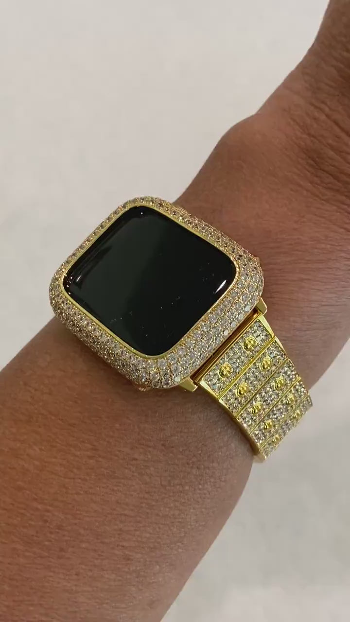 Gold Apple Watch Series 7-8 Band 41mm 44mm Swarovski Crystals & or Yellow Gold Lab Diamond Bezel Cover 38mm-44mm