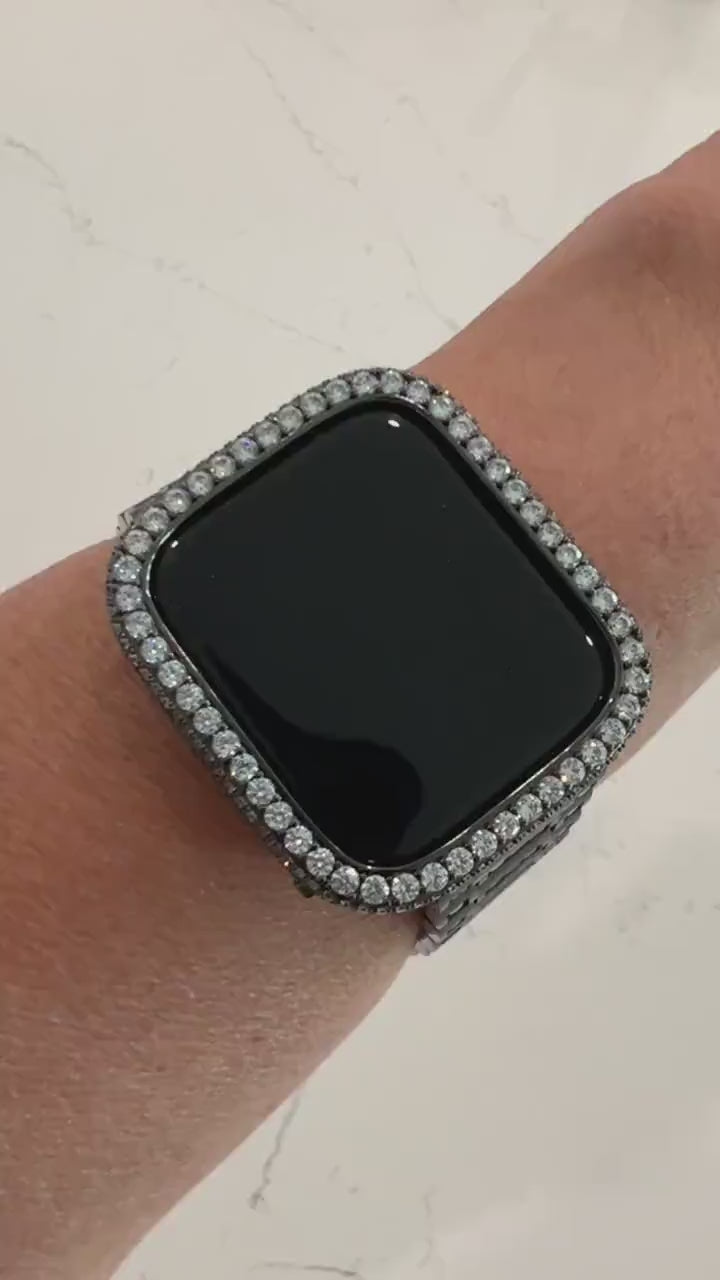 Series 1-8 Apple Watch Band Black Swarovski Crystals Stainless Steel & or Lab Diamond Bezel Cover Smartwatch Bumper 38mm-45mm