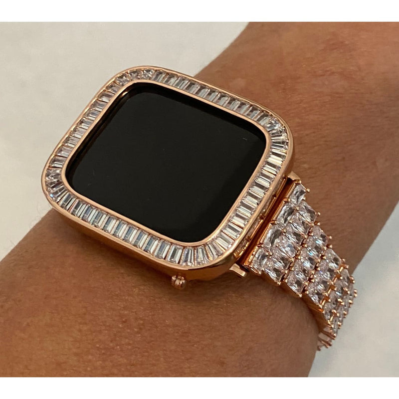 38 40 41 42 44 45mm Rose Gold Apple Watch Band Womens & or Baguette Lab Diamond Bezel Cover Iwatch Bling Series 8 Custom Handmade