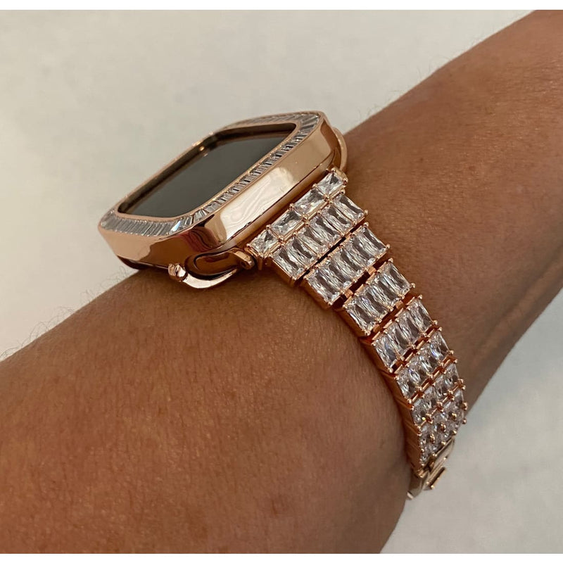 38 40 41 42 44 45mm Rose Gold Apple Watch Band Womens & or Baguette Lab Diamond Bezel Cover Iwatch Bling Series 8 Custom Handmade