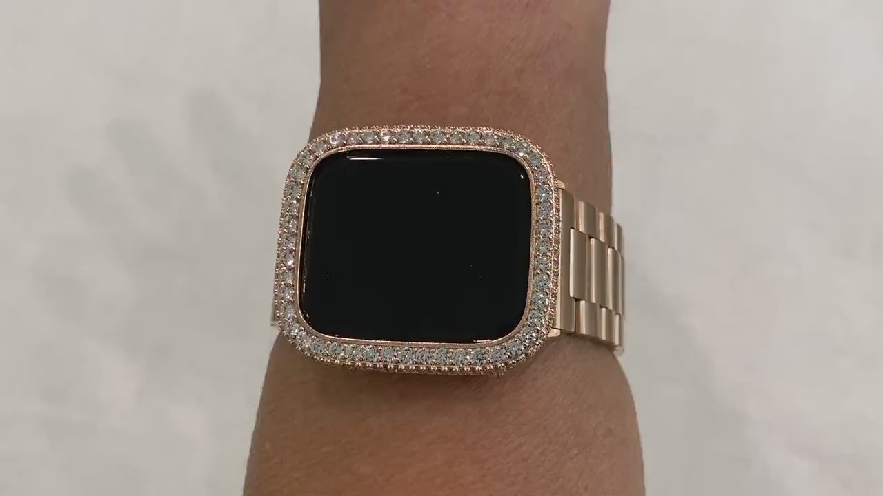 Rose Gold Apple Watch Band Lab Diamond Bezel Cover 38mm 40mm 41mm 42mm 44mm 45mm Series 8