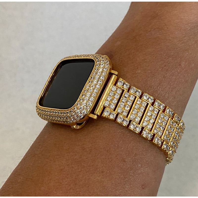 41mm 45mm Apple Watch Band Series 1-8 Gold Mens or Women's Style & or Lab Diamonds Bezel Cover for Smartwatch
