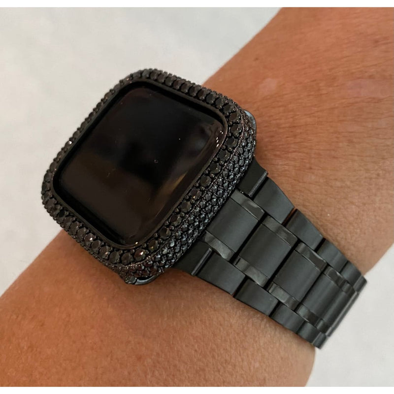 41mm 45mm Apple Watch Band Series 7-8 Stainless Steel & or Black on Black Lab Diamond Bezel Cover Iwatch Bumper Series 1-8 SE