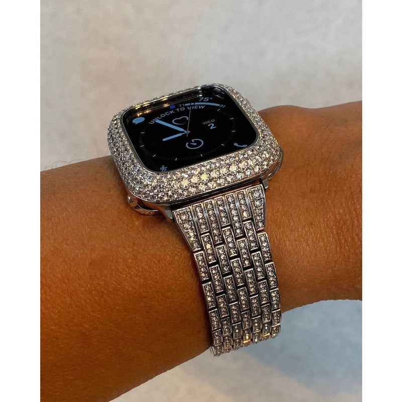 41mm 45mm Apple Watch Band Silver Swarovski Crystals & or Smartwatch Lab Diamond Bezel Cover Bling Series 8