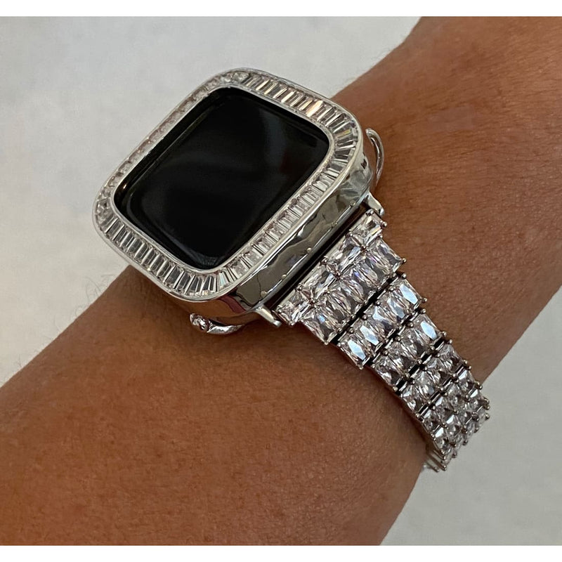 41mm 45mm Apple Watch Band Swarovski Crystal Baguettes & or Lab Diamond Bezel Cover Smartwatch Bling Series 38mm-45mm Series 1-8 SE