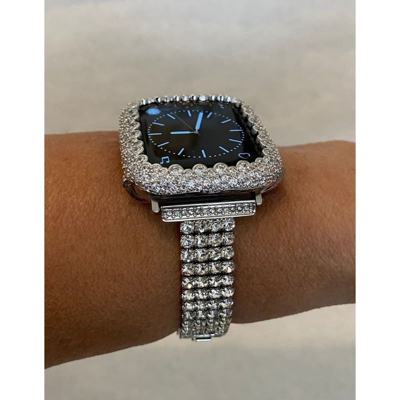 41mm 45mm Apple Watch Band Women Silver & or White Gold Lab Diamond Bezel Cover Smartwatch Bumper Bling Series 1-8 SE