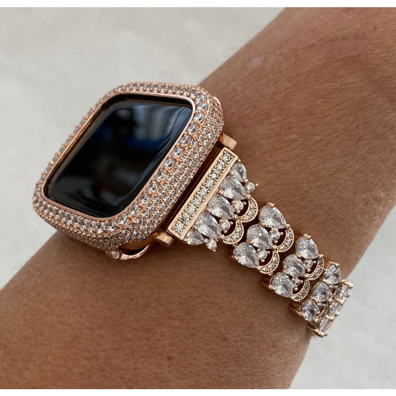 41mm 45mm Apple Watch Band Women's Rose Gold and or Lab Diamond Bezel Bumper Iwatch Bling 38mm 40mm 42mm 44mm