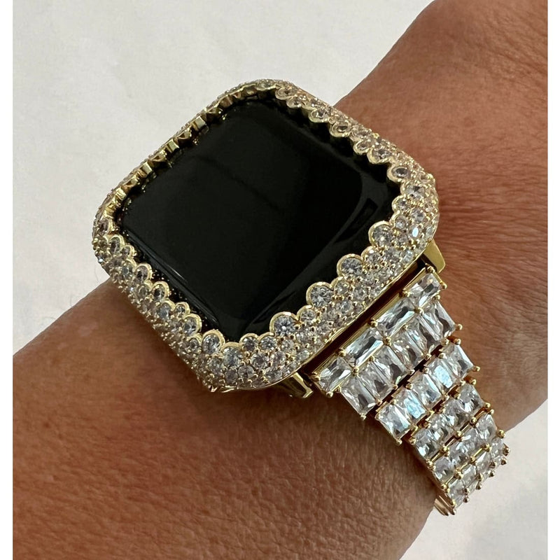 41mm 45mm Apple Watch Yellow Gold Custom Baguette Band Crystals & or Diamond Bezel Cover Smartwatch Bling Series 1-8