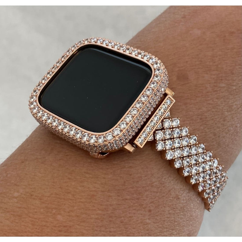 41mm 45mm Rose Gold Apple Watch Band Series 7-8 Swarovski Crystals & or Lab Diamond Bezel Cover Smartwatch Bling 38mm-45mm
