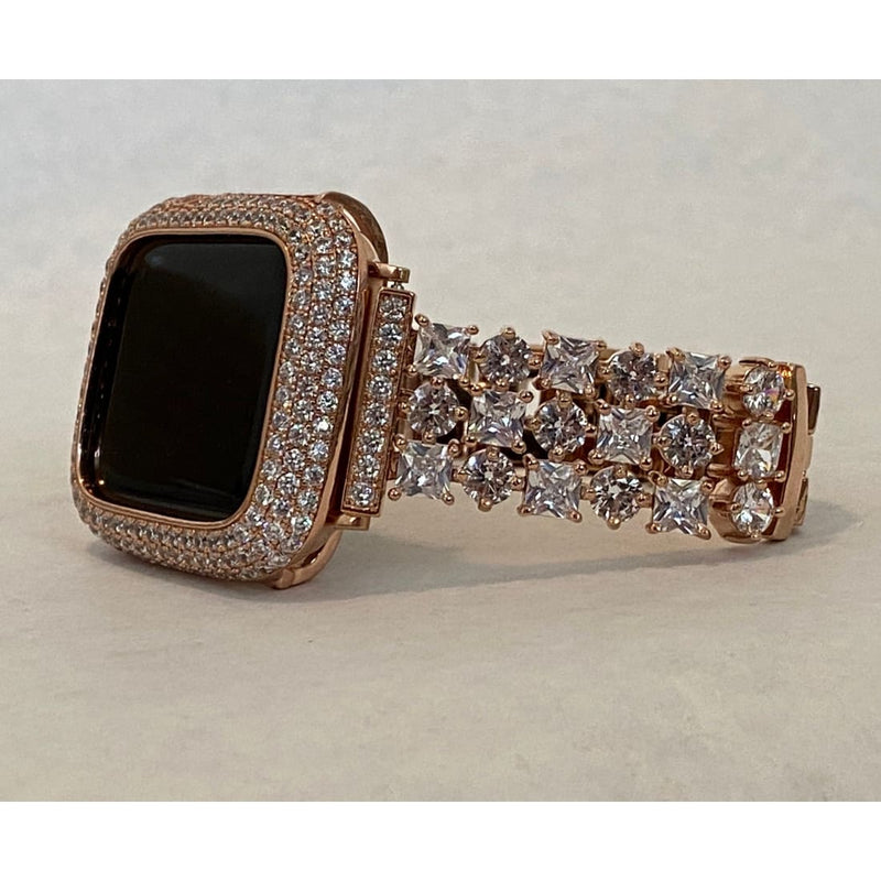 41mm 45mm Series 7-8 Apple Watch Band Rose Gold Swarovski Crystals & or Lab Diamond Bezel Case Smartwatch Bumper Bling
