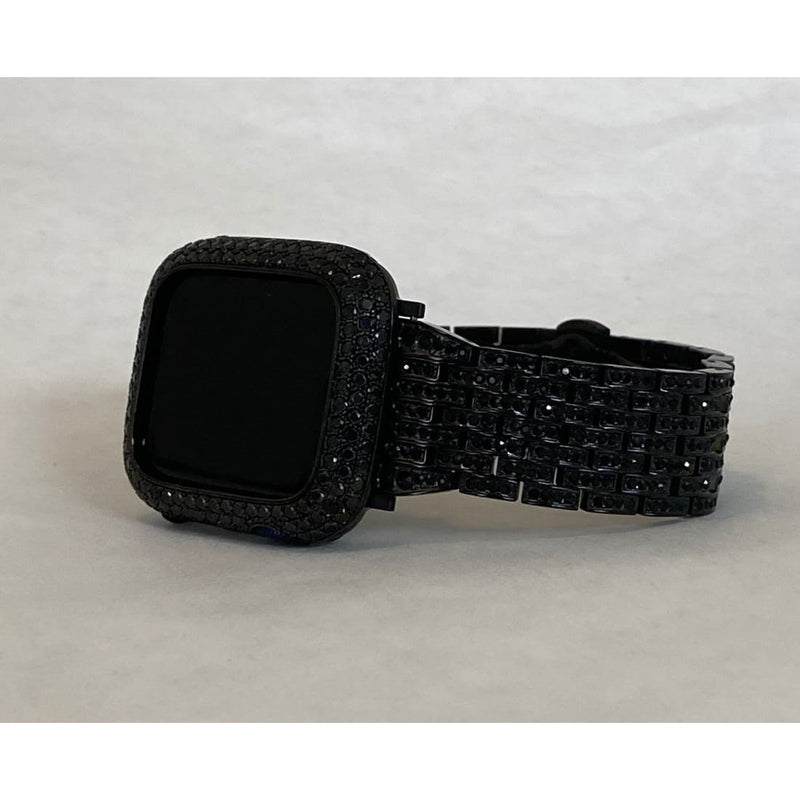 41mm 45mm Series 7 Black on Black Apple Watch Band & or Lab Diamond Apple Watch Bezel Cover for Smartwatch Bling