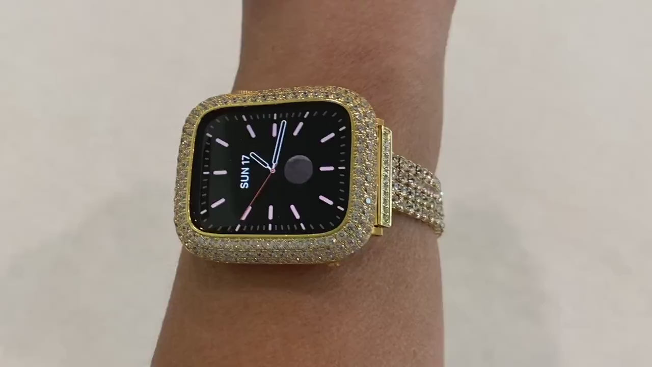 Series 8 Gold Apple Watch Band Women 38 40 41 42 44 45mm Crystal & or Pave Lab Diamond Bezel Cover Smartwatch Bling