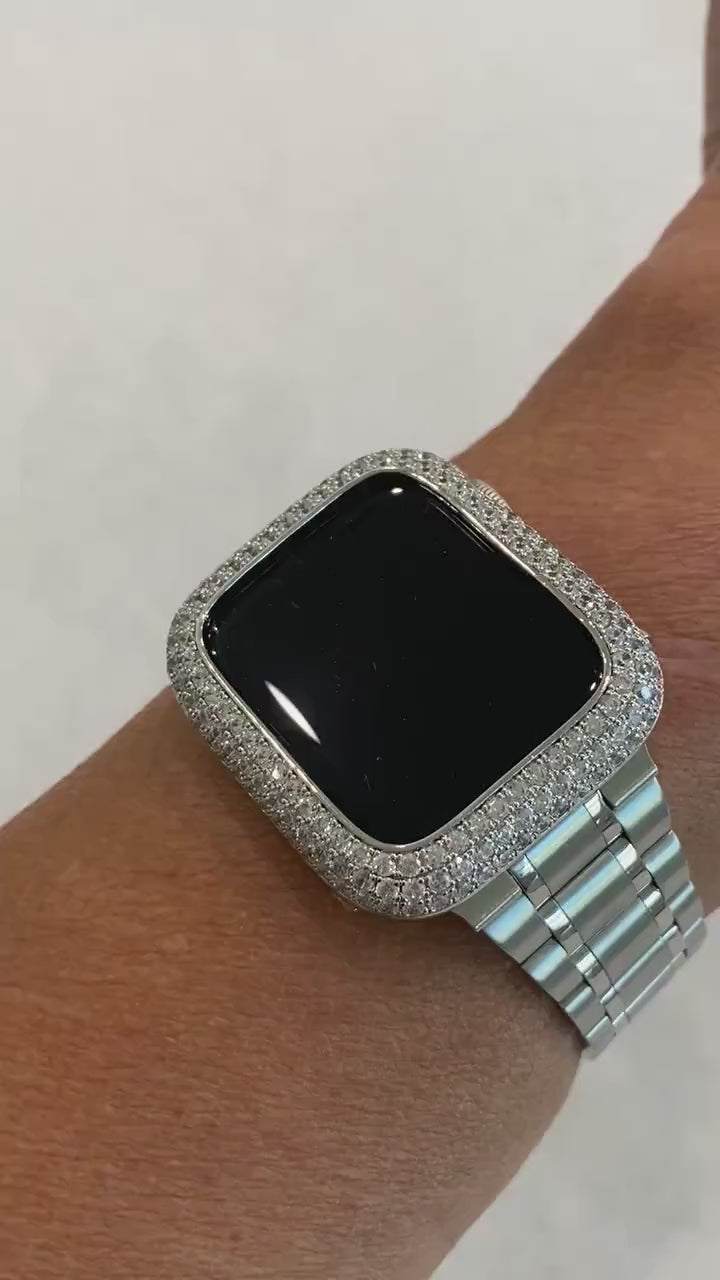 Silver Apple Watch Band 38 40 41 42 44 45mm Stainless Steel Ultra Thin & or Lab Diamond Bezel Cover Smartwatch Bumper Bling Series 1-8 SE