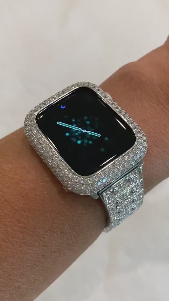 Silver Apple Watch Band Swarovski Crystal 38 40 42 44mm & or Lab Diamond Bezel Cover 41mm 45mm Series 7,8