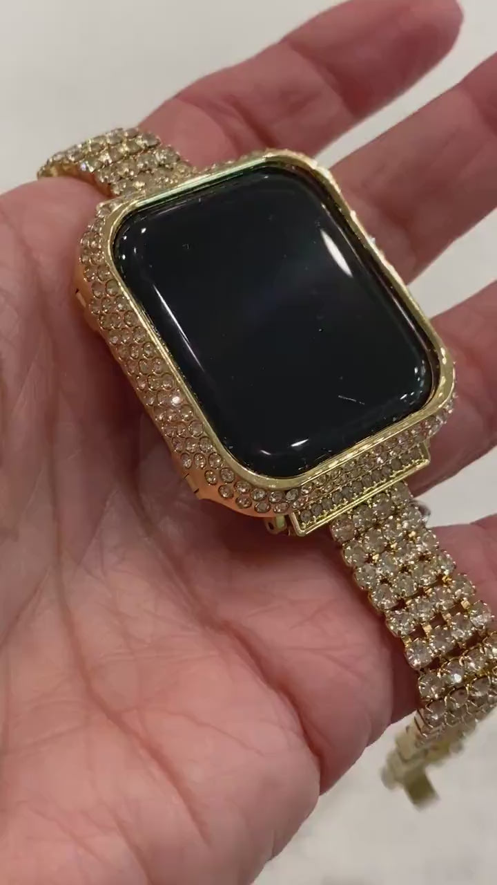 Series 8 Apple Watch Band 41mm 45mm Gold & or Swarovski Crystal Bezel Case Cover Bumper Bling