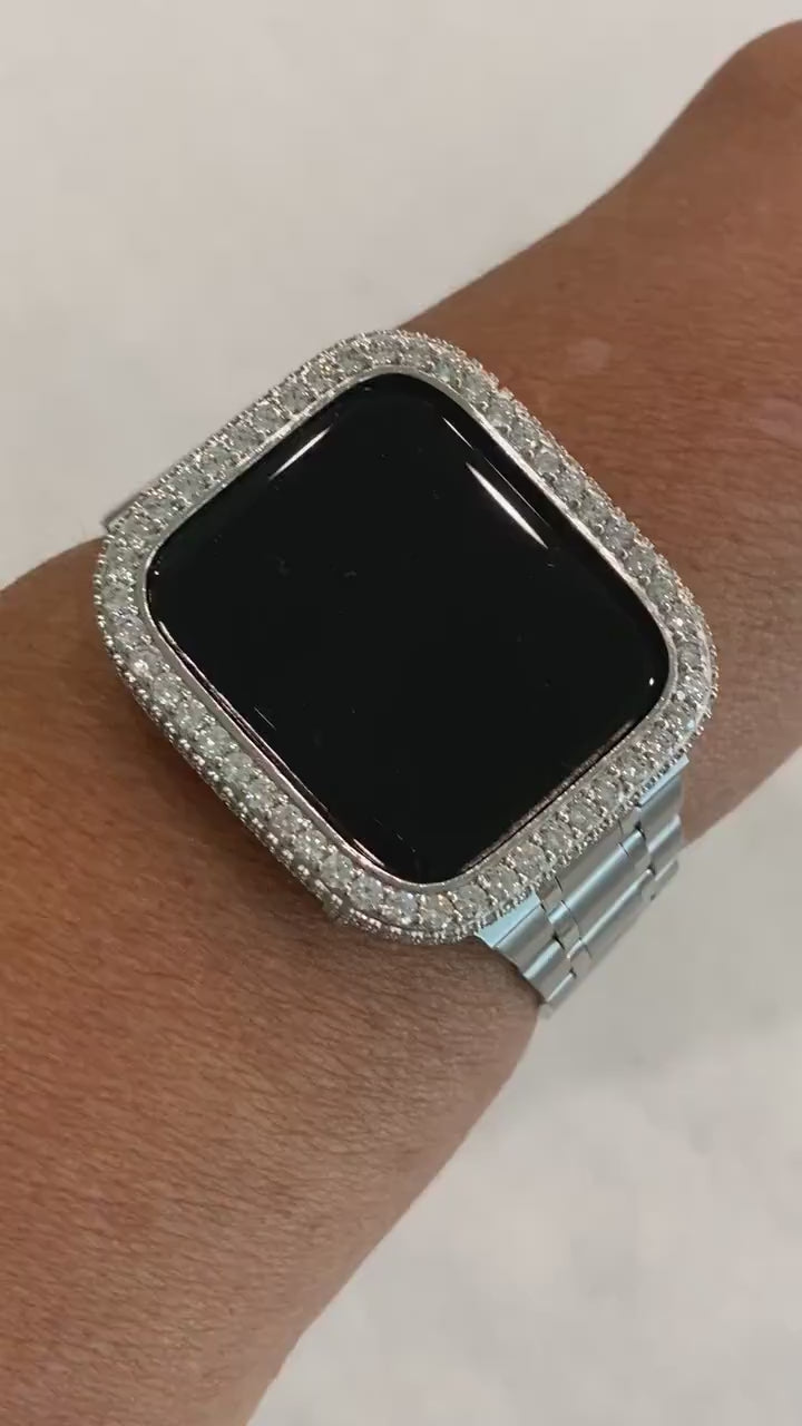 Series 1-8 Apple Watch Band 41mm 45mm Silver Stainless Steel Ultra Thin & or Lab Diamond Bezel Cover Bling for Smartwatch