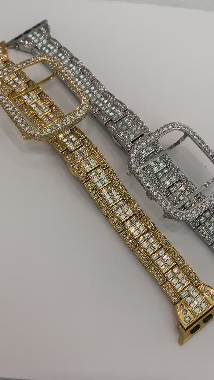 Series 1-8 Apple Watch Band Silver or Gold & or Lab Diamond Bezel Cover Smartwatch Bumper Bling 38mm-45mm
