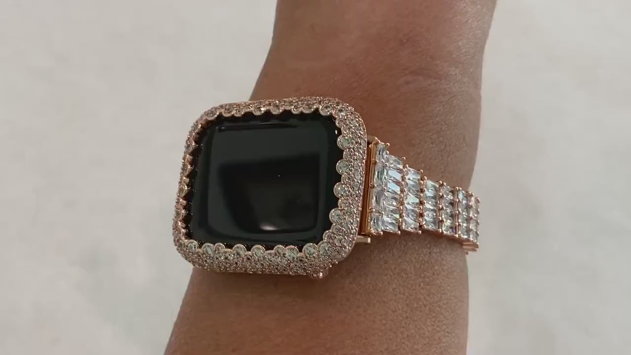 Bling Apple Watch Band Rose Gold Baguette Swarovski Crystals & or Lab Diamond Bezel Cover 38mm-45mm Series 1-8 SE Smartwatch Bumper Bling